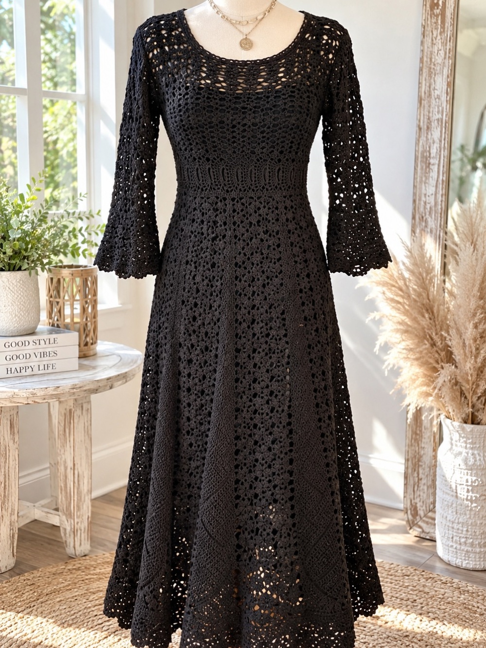 20” ptp Black Crochet Knit Fit-and-Flare Dress